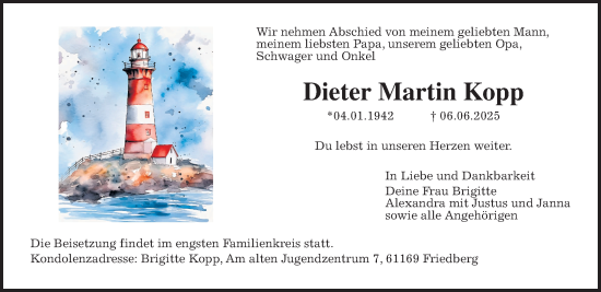 Traueranzeige von Dieter Martin Kopp von Wetterauer Zeitung, Giessener Allgemeine, Alsfelder Allgemeine