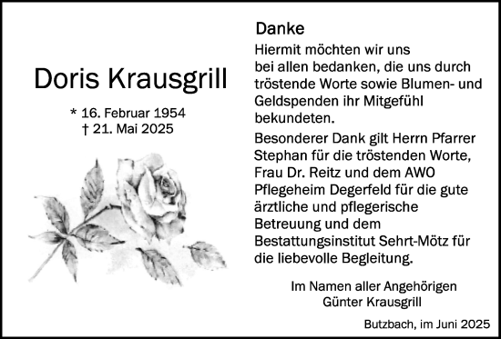 Traueranzeige von Doris Krausgrill von Butzbacher Zeitung