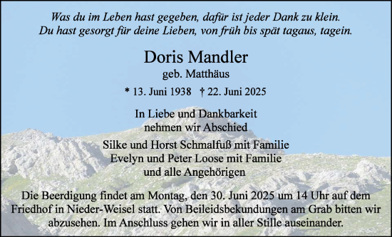 Traueranzeige von Doris Mandler von Butzbacher Zeitung
