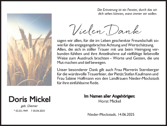 Traueranzeige von Doris Mickel von Wetterauer Zeitung, Kreis-Anzeiger
