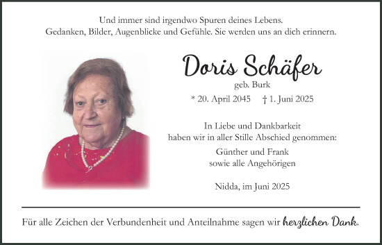 Traueranzeige von Doris Schäfer von Kreis-Anzeiger