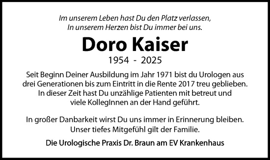 Traueranzeige von Doro Kaiser von Giessener Anzeiger, Giessener Allgemeine, Alsfelder Allgemeine