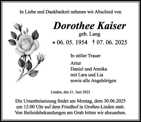 Traueranzeige von Dorothee Kaiser von Giessener Anzeiger, Giessener Allgemeine, Alsfelder Allgemeine