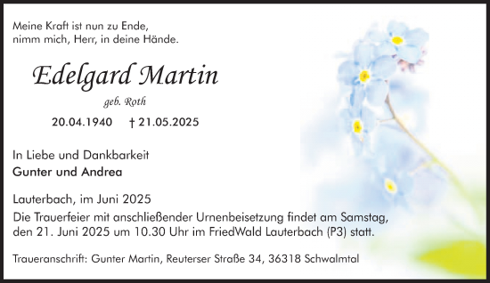 Traueranzeige von Edelgard Martin von Oberhessische Zeitung