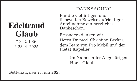 Traueranzeige von Edeltraud Glaub von Wetterauer Zeitung