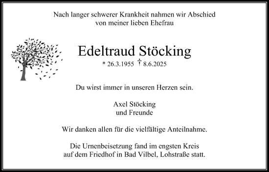 Traueranzeige von Edeltraud Stöcking von Bad Vilbel/Karben