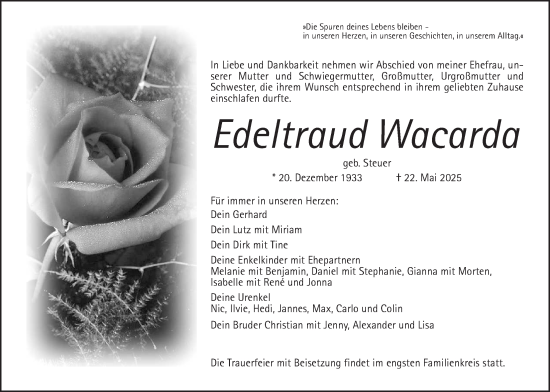 Traueranzeige von Edeltraud Wacarda von Giessener Allgemeine, Alsfelder Allgemeine, Laubacher Anzeiger