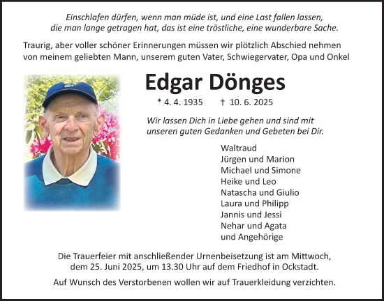 Traueranzeige von Edgar Dönges von Wetterauer Zeitung
