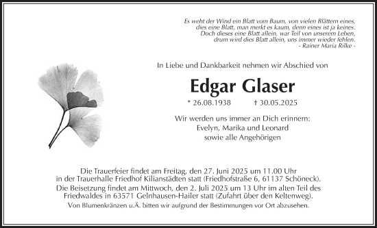 Traueranzeige von Edgar Glaser von Bad Vilbel/Karben