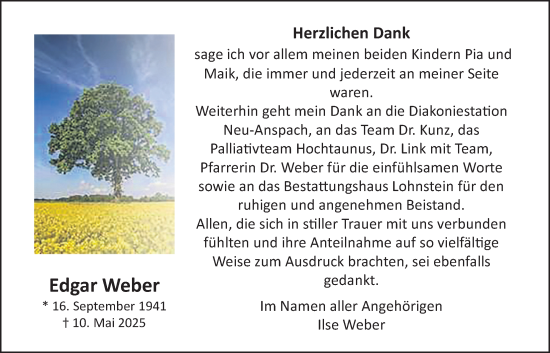 Traueranzeige von Edgar Weber von Usinger Anzeiger, Usinger Anzeigenblatt