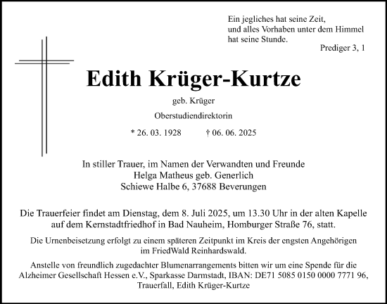 Traueranzeige von Edith Kurtze von Wetterauer Zeitung
