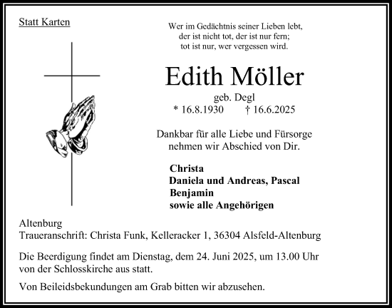 Traueranzeige von Edith Möller von Oberhessische Zeitung