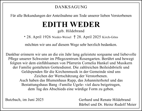 Traueranzeige von Edith Weder von Butzbacher Zeitung