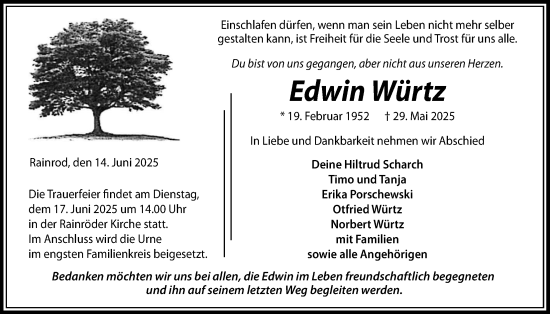 Traueranzeige von Edwin Würtz von Kreis-Anzeiger