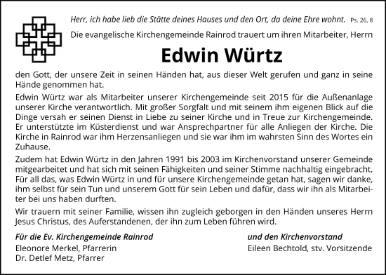 Traueranzeige von Edwin Würtz von Kreis-Anzeiger