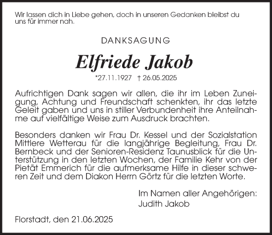 Traueranzeige von Elfriede Jakob von Wetterauer Zeitung