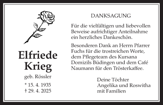 Traueranzeige von Elfriede Krieg von Kreis-Anzeiger