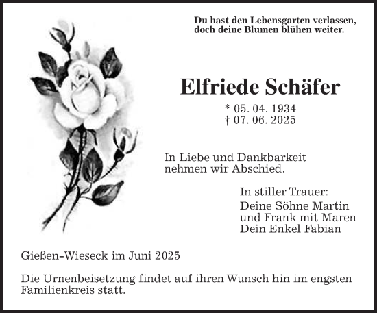 Traueranzeige von Elfriede Schäfer von Giessener Allgemeine, Alsfelder Allgemeine