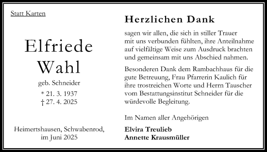 Traueranzeige von Elfriede Wahl von Oberhessische Zeitung