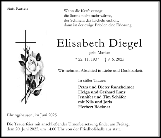 Traueranzeige von Elisabeth Diegel 