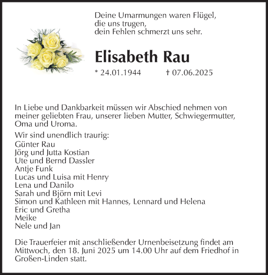 Traueranzeige von Elisabeth Rau von Giessener Allgemeine, Alsfelder Allgemeine