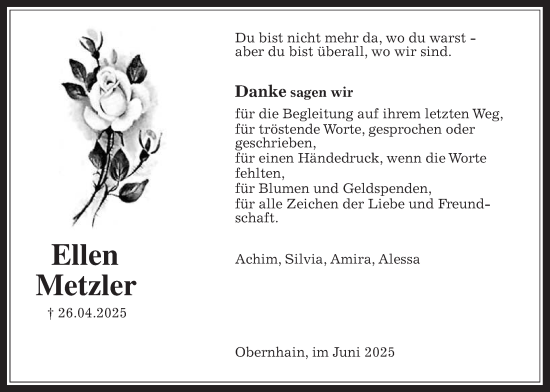 Traueranzeige von Ellen Metzler von Usinger Anzeiger, Usinger Anzeigenblatt