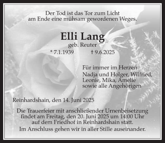Traueranzeige von Elli Lang von Giessener Allgemeine, Alsfelder Allgemeine