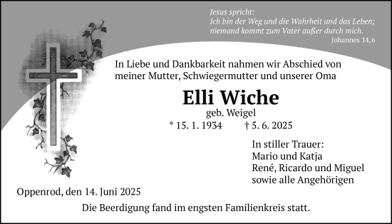 Traueranzeige von Elli Wiche von Giessener Anzeiger, Giessener Allgemeine, Alsfelder Allgemeine
