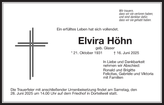 Traueranzeige von Elvira Höhn von Bad Vilbel/Karben