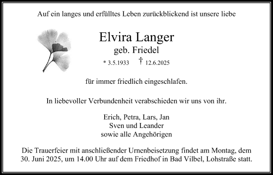 Traueranzeige von Elvira Langer von Bad Vilbel/Karben