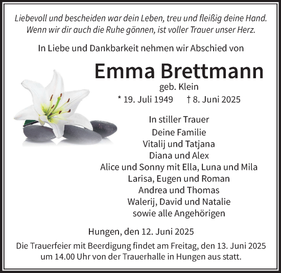 Traueranzeige von Emma Brettmann von Licher Wochenblatt