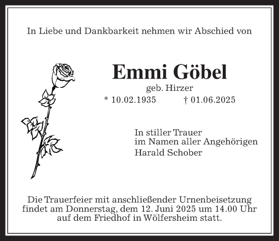 Traueranzeige von Emmi Göbel von Wetterauer Zeitung