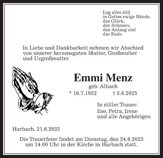 Traueranzeige von Emmi Menz von Giessener Allgemeine, Alsfelder Allgemeine