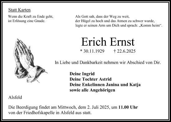 Traueranzeige von Erich Ernst von Oberhessische Zeitung
