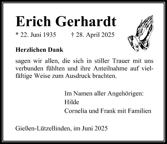 Traueranzeige von Erich Gerhardt von Giessener Allgemeine, Alsfelder Allgemeine