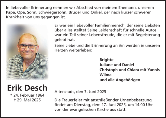 Traueranzeige von Erik Desch von Kreis-Anzeiger