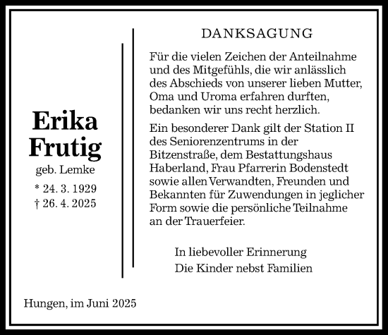 Traueranzeige von Erika Frutig von Licher Wochenblatt