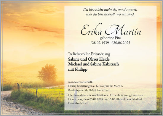 Traueranzeige von Erika Martin von Lauterbacher Anzeiger, Oberhessische Zeitung