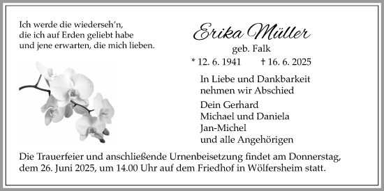 Traueranzeige von Erika Müller von Wetterauer Zeitung, Butzbacher Zeitung