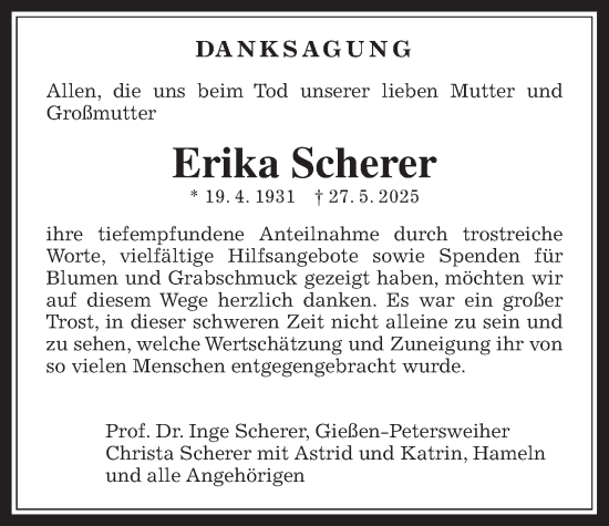 Traueranzeige von Erika Scherer von Giessener Allgemeine, Alsfelder Allgemeine, Giessener Anzeiger