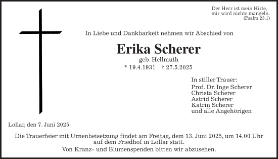 Traueranzeige von Erika Scherer von Giessener Anzeiger, Giessener Allgemeine, Alsfelder Allgemeine