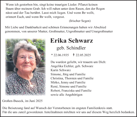 Traueranzeige von Erika Schwarz von Giessener Allgemeine, Alsfelder Allgemeine