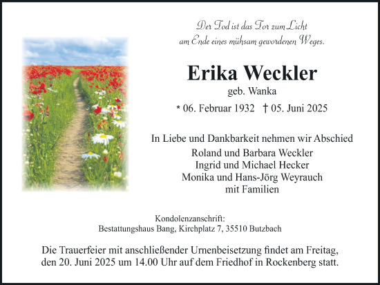 Traueranzeige von Erika Weckler von Butzbacher Zeitung