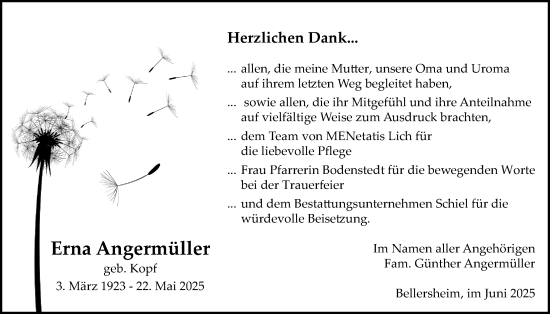Traueranzeige von Erna Angermüller von Licher Wochenblatt