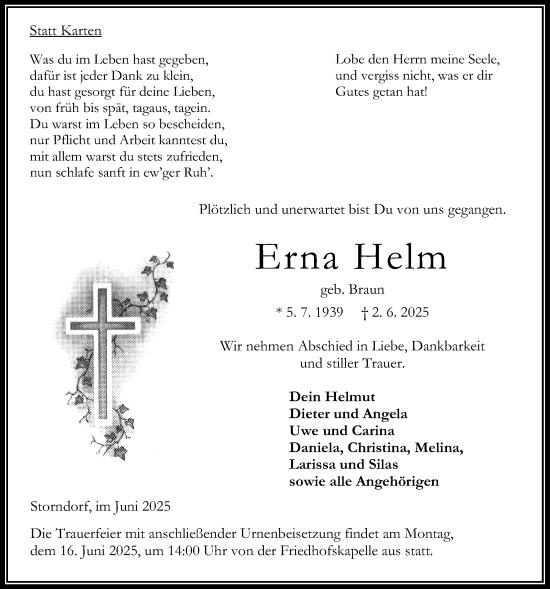 Traueranzeige von Erna Helm von Oberhessische Zeitung