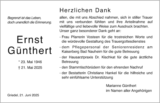 Traueranzeige von Ernst Günthert von Butzbacher Zeitung