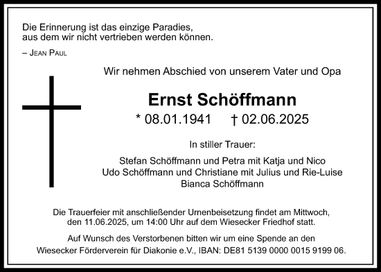 Traueranzeige von Ernst Schöffmann von Giessener Anzeiger, Giessener Allgemeine, Alsfelder Allgemeine