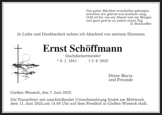 Traueranzeige von Ernst Schöffmann von Giessener Anzeiger, Giessener Allgemeine, Alsfelder Allgemeine