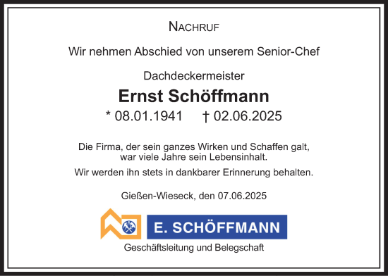Traueranzeige von Ernst Schöffmann von Giessener Anzeiger, Giessener Allgemeine, Alsfelder Allgemeine