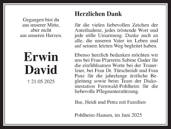 Traueranzeige von Erwin David von Pohlheimer Nachrichten